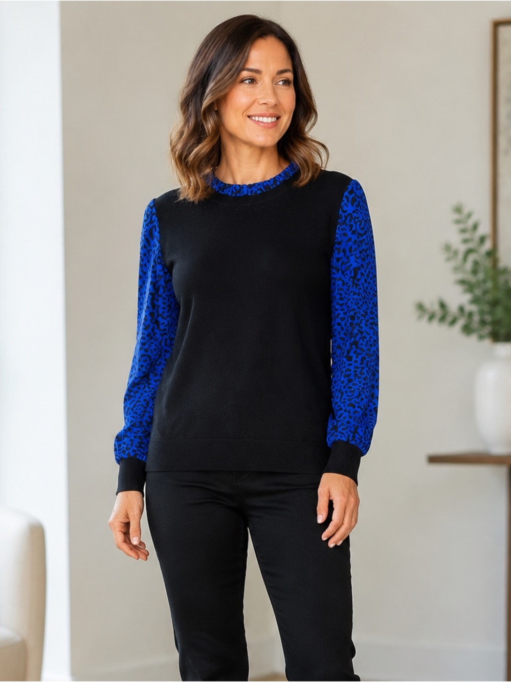 Nanette Nanette Lepore XL Black Cobalt Leopard Mixed Media Sweater. Sheer sleeve